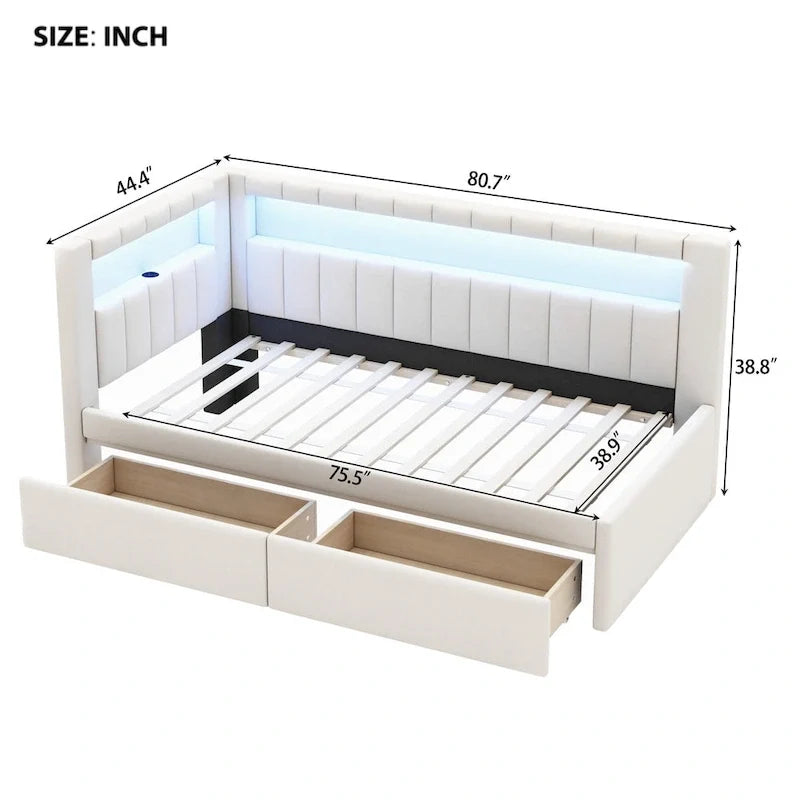 Gestoffeerd platformbed met USB-poorten en ledverlichting - bedframe voor tweepersoonsbed/twin-size met 2 opberglades - moderne slaapkamer