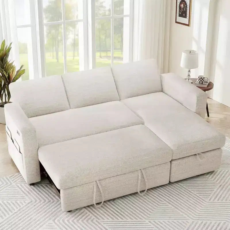 Divano letto estraibile 2-in-1 con chaise longue contenitore, divano componibile in ciniglia con porte USB per il soggiorno