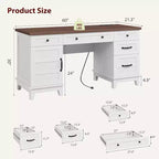 60 Executive Desk with Drawers, Home Office Desk with Charging Station, Wooden Computer Writing Desk for Study, Conference Table for Living Room