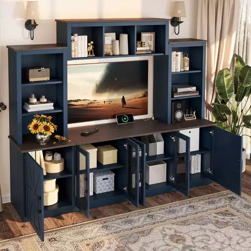 Moderne tv-kast voor een 55-inch tv met oplaadstation, mediaconsole met grote opbergkasten, entertainmentcentrum voor de woonkamer-Panipeachy