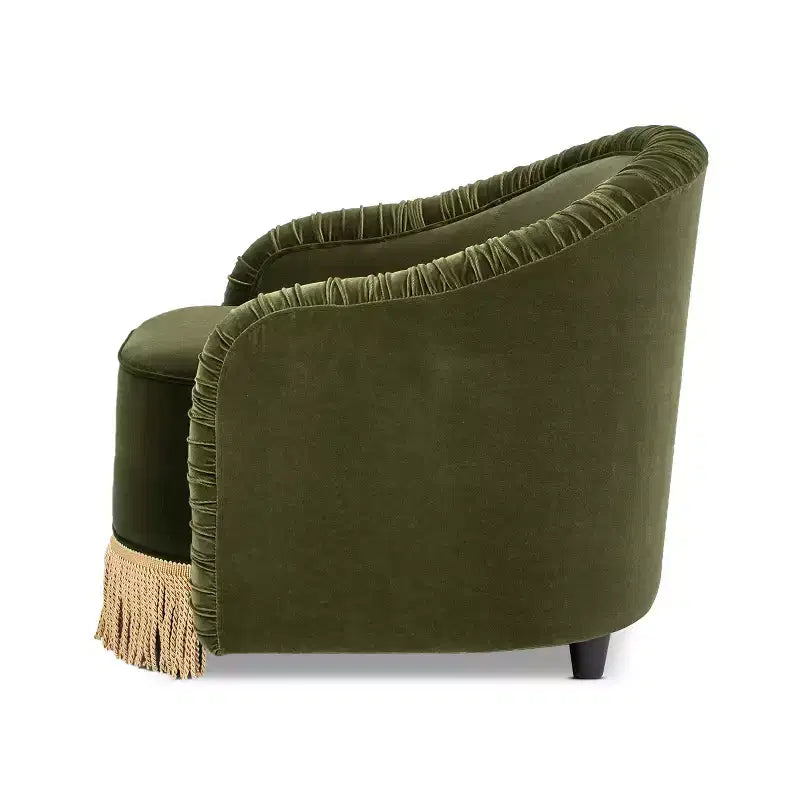 Jennifer Taylor Home Serena 31,5-inch gecapitonneerde accentfauteuil met ronde rugleuning en goudfranjes, olijfgroen prestatiefluweel