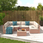 7-delige outdoor loungeset van vlechtwerk en staal met kussens