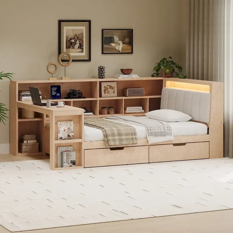 Divano letto in legno a forma di L con scrivania, libreria, letto angolare con cassetti sottoletto, testiera imbottita con luce integrata
