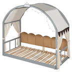 Letto Montessori a piattaforma in legno massello a forma di casetta, con tetto ad arco e letto estraibile, per bambine e bambini