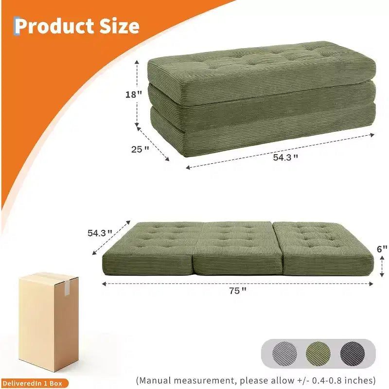 Divano letto con materasso pieghevole a tre sezioni SunnyFurn da 15 cm, 190,5 x 138 cm, letto per ospiti pieghevole in schiuma con velluto a coste trapuntato, portatile per campeggio, soggiorno e camera da letto