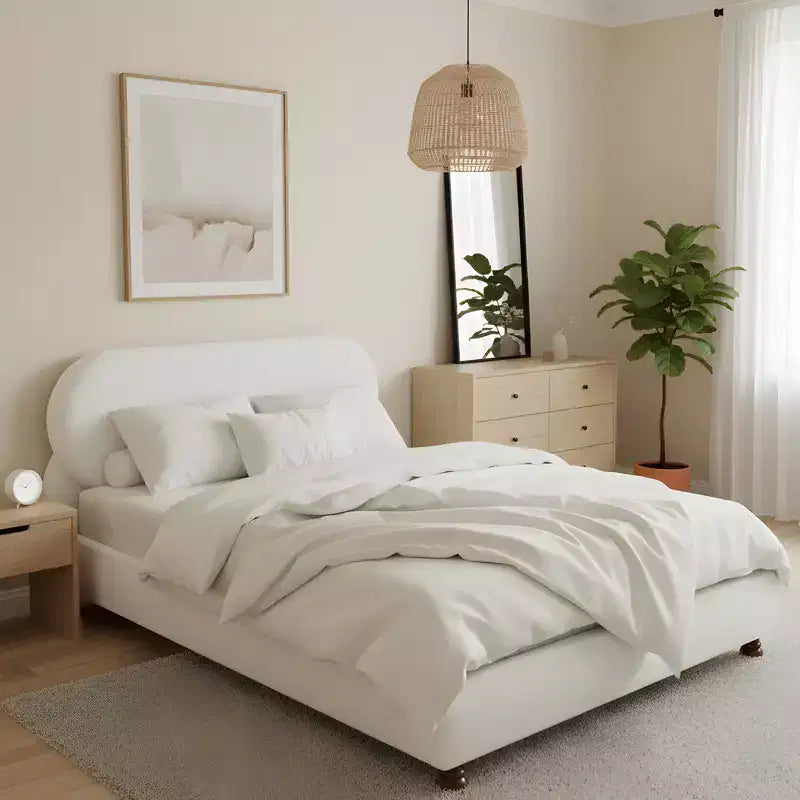Christopher Knight Home Matteo modernes Bett aus Gummibaumholz mit Bouclé-Polsterung
