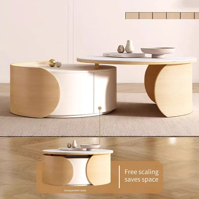 Tavolino da caffè rotondo moderno, piano in pietra, legno naturale - 50 x 31,5
