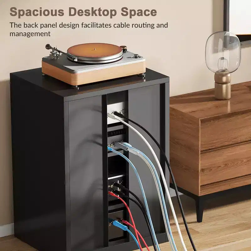 Bekrvio Metall-Mediaschrank, 4-stufiger Stereoschrank mit Glastüren und verstellbaren Einlegeböden, Audio-AV-Rack mit Kabelmanagement