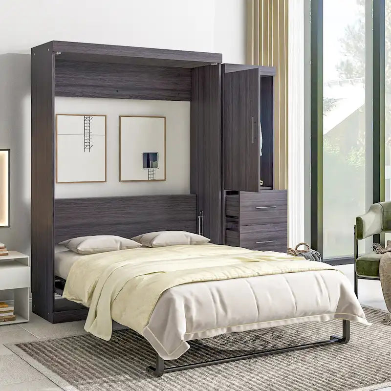 Letto Murphy pieghevole grigio con armadio e 3 cassetti, matrimoniale/singolo, per 1 persona
