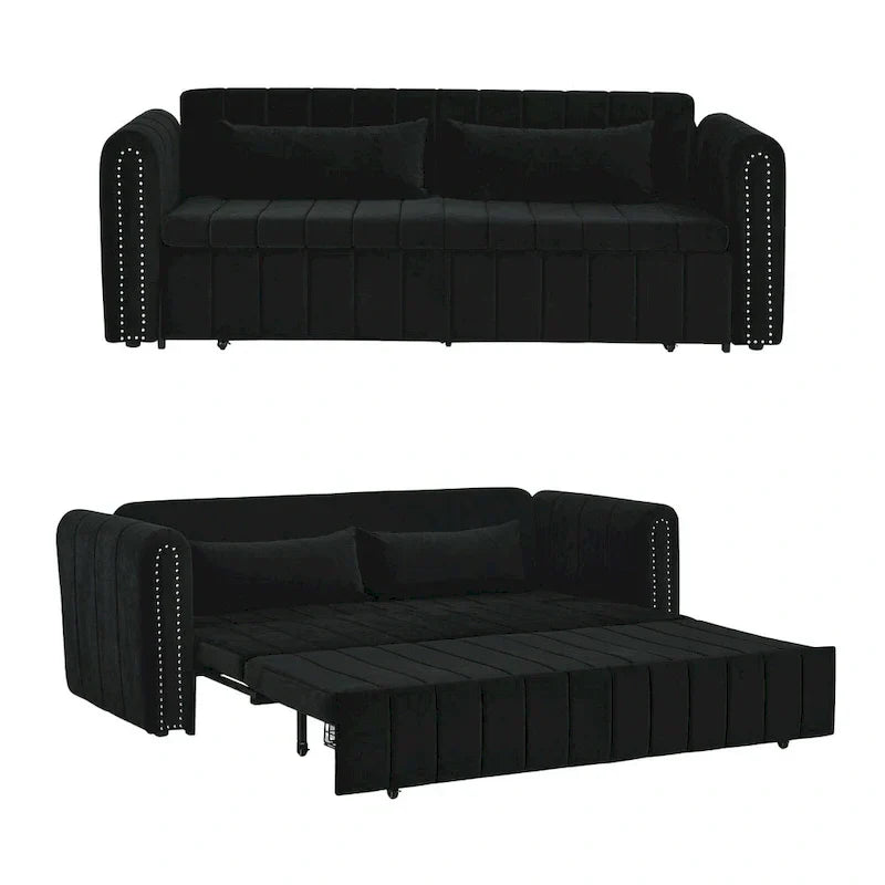 Velvet Upholstered Modern Convertible Sleeper Lounge Sofa Bed with Rolled Arms Decorated with Copper Nails