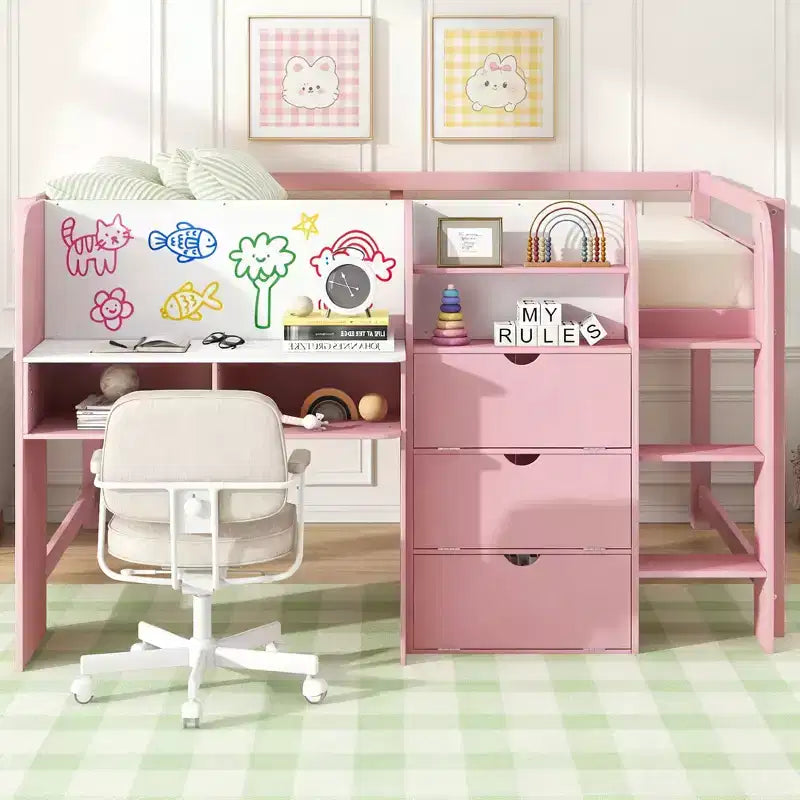 Roze/wit laag halfhoogslaper met bureau, opbergruimte en whiteboard – eenpersoonsbed, voor 1 persoon