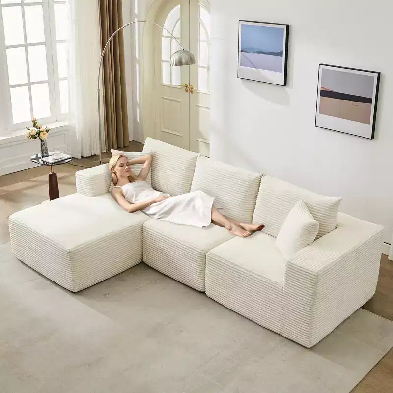 108 modernes Sofa, 3-Sitzer-Sofa in L-Form mit Polsterbezug und Kissen, Sofa mit tiefer Sitzfläche, keine Montage erforderlich