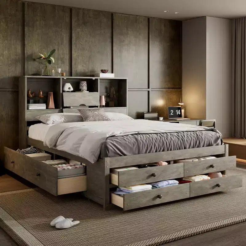Letto matrimoniale con base a piattaforma, ripiano contenitore e 8 cassetti, facile da montare