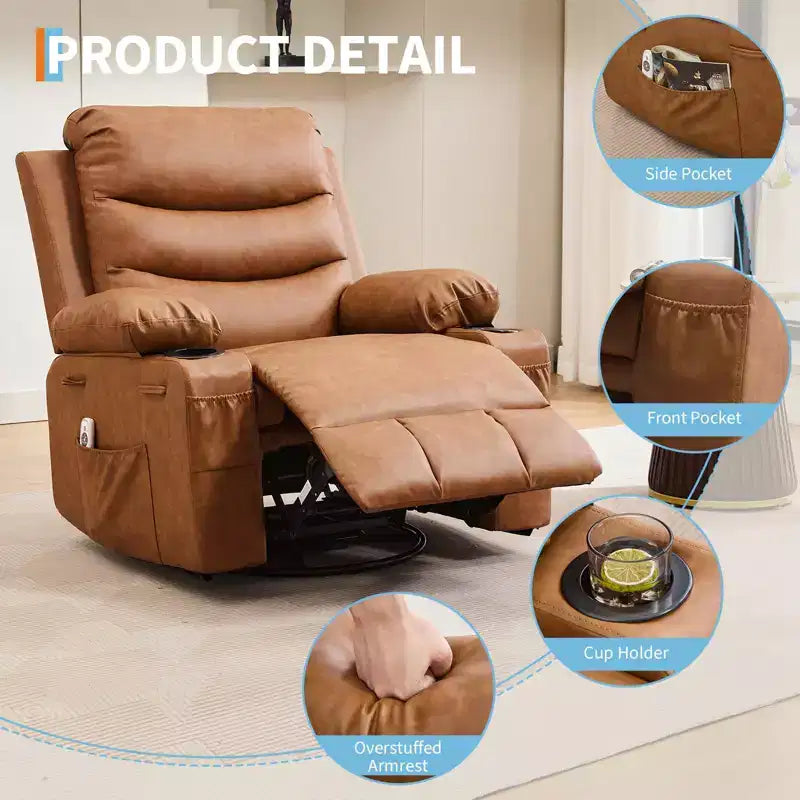 Poltrona reclinabile a dondolo girevole a 360° oversize con massaggio e calore - sedia lounge ergonomica con portabicchieri e tasche laterali per soggiorno e cameretta