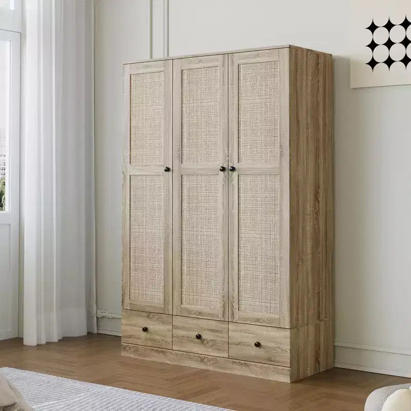 Famapy Rattan-Kleiderschrank mit 3 Schubladen, Schrank mit 3 atmungsaktiven Rattantüren, hoher Stauraumschrank im Landhausstil für das Schlafzimmer