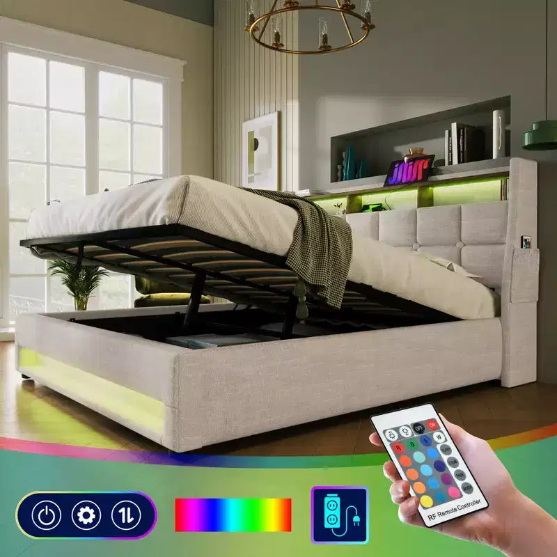 Letto matrimoniale queen size con contenitore idraulico, LED, USB, testiera imbottita, senza rete a doghe, facile da montare