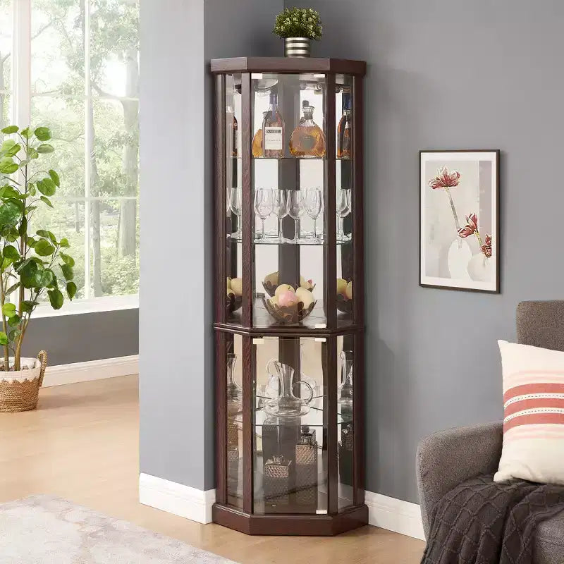 Eck-Vitrinenschrank mit Glastüren und Einlegeböden, Eckvitrine für das Wohnzimmer
