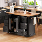 Expandable Drop-Leaf Kitchen Island, Kitchen Cart on 4 Wheels with Power Outlet, Moveable Island Table with 2 Door & 6 Drawers