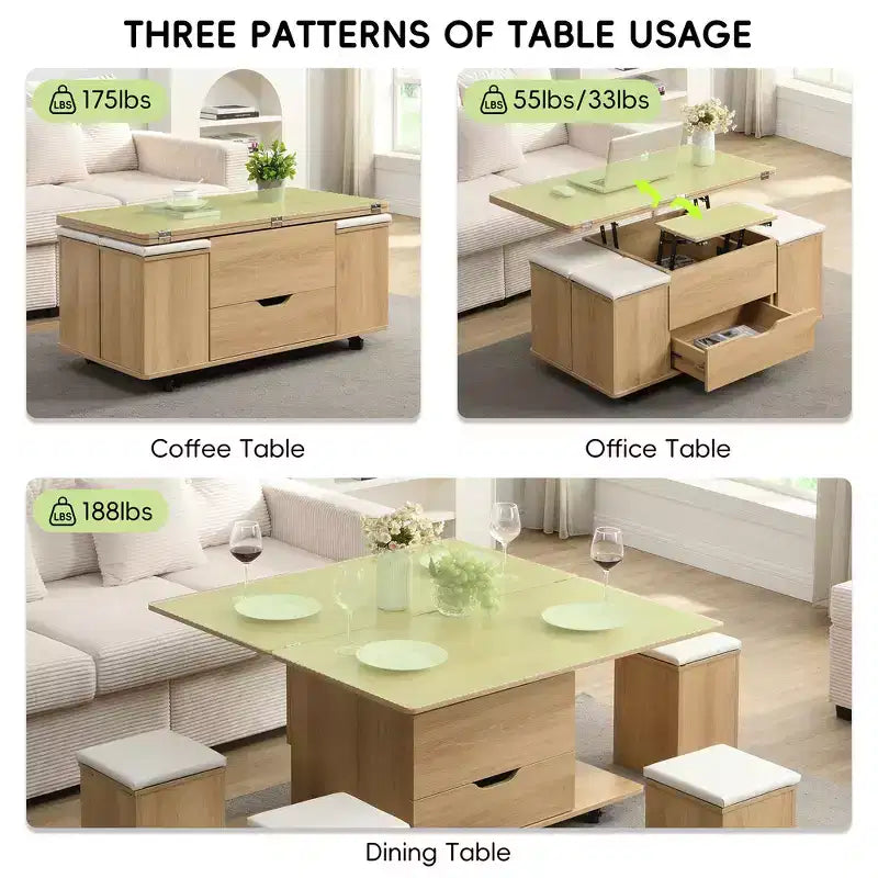 Multifunktionaler moderner Couchtisch mit Liftplatte, verborgenem Stauraum, 4 Hockern und Rollen – perfekt für moderne Wohnbereiche
