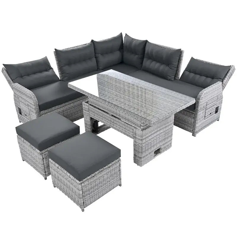 Buitenmeubelset van rotan met verstelbare tafel, relaxfauteuils en 2 voetenbankjes