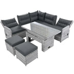 Buitenmeubelset van rotan met verstelbare tafel, relaxfauteuils en 2 voetenbankjes