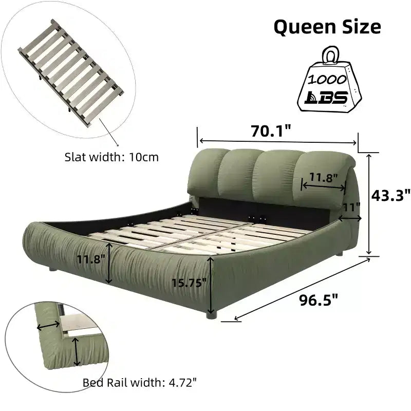 MAYEERTY luxe gestoffeerd platformbed voor queensize matras met extra groot gewatteerd hoofdbord en massief houten frame, groen