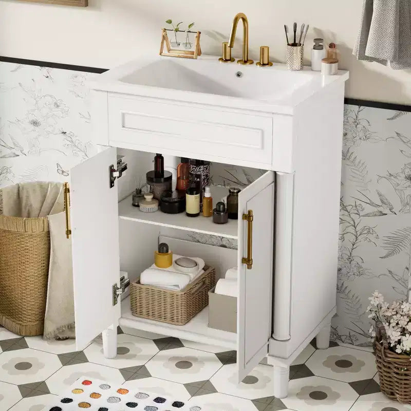 Vanity tal-kamra tal-banju ta’ 24 b’sink taċ-ċeramika, kabinett Shaker, 2 bibien b’għeluq artab u qafas tal-injam solidu għal kamra tal-banju żgħira jew powder room