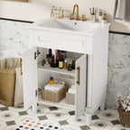 Vanity tal-kamra tal-banju ta’ 24 b’sink taċ-ċeramika, kabinett Shaker, 2 bibien b’għeluq artab u qafas tal-injam solidu għal kamra tal-banju żgħira jew powder room