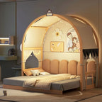 Letto Montessori a piattaforma in legno massello a forma di casetta, con tetto ad arco e letto estraibile, per bambine e bambini