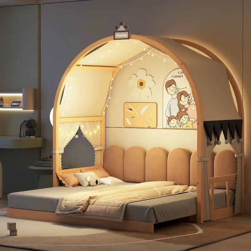 Letto Montessori a piattaforma in legno massello a forma di casetta, con tetto ad arco e letto estraibile, per bambine e bambini