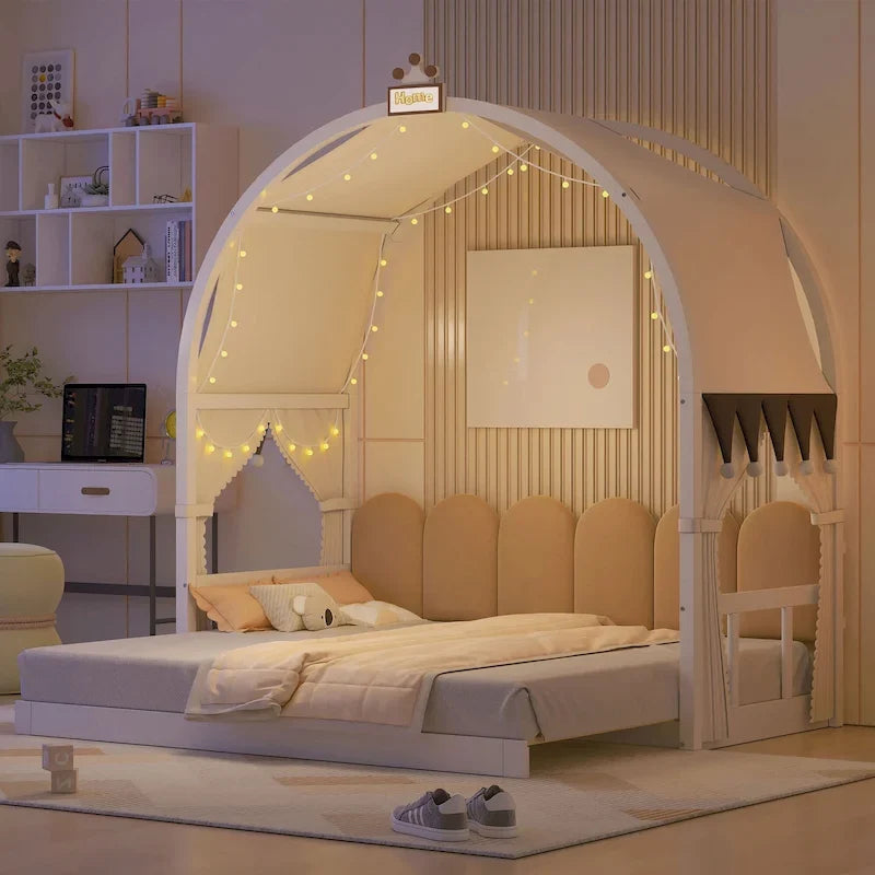 Letto Montessori a piattaforma in legno massello a forma di casetta, con tetto ad arco e letto estraibile, per bambine e bambini