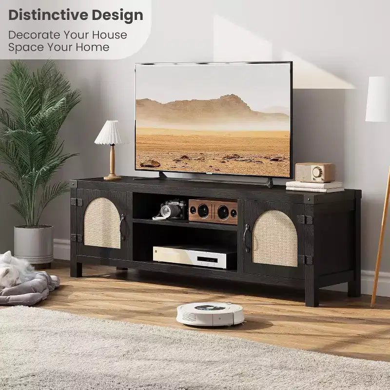 Mobile TV in stile boho da 65 pollici con anta in vimini - Centro di intrattenimento in legno con due armadietti e ripiani regolabili, adatto ai soggiorni