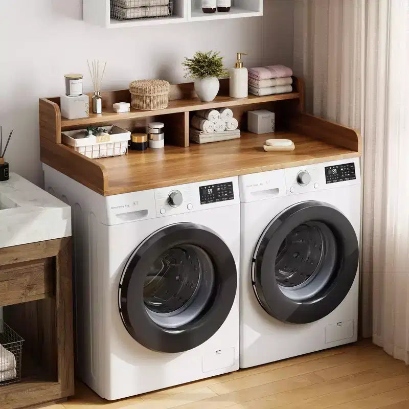 Houten opzetblad voor wasmachine en droger, 54 inch aanrechtblad voor de wasruimte met opbergplank met 2 niveaus, antislip werkoppervlak met opstaande randen voor een georganiseerde wasruimte