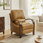Alex Mid-century Modern Cigar Genuine Leather Manual Recliner with Wooden Curved Arms