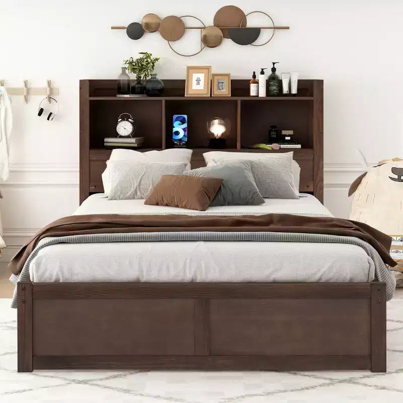 Sodda b’pjattaforma Full b’ħażna b’trundle, headboard b’librerija u stazzjon tal-iċċarġjar, qafas tas-sodda tal-injam ta’ daqs Full bi xkafef u kxaxen