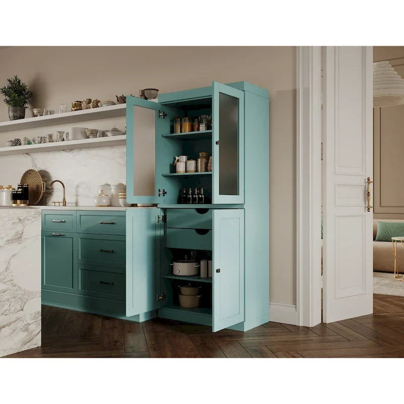 Dispensa in legno massello al 100% con ante in vetro satinato, ante piene, 2 cassetti e ripiani regolabili