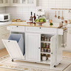 55 Mobile Island Table with Power Outlet & Drop Leaf, Kitchen Rolling Island Kitchen Island Cart with Trash Storage Cabinet for Kitchen