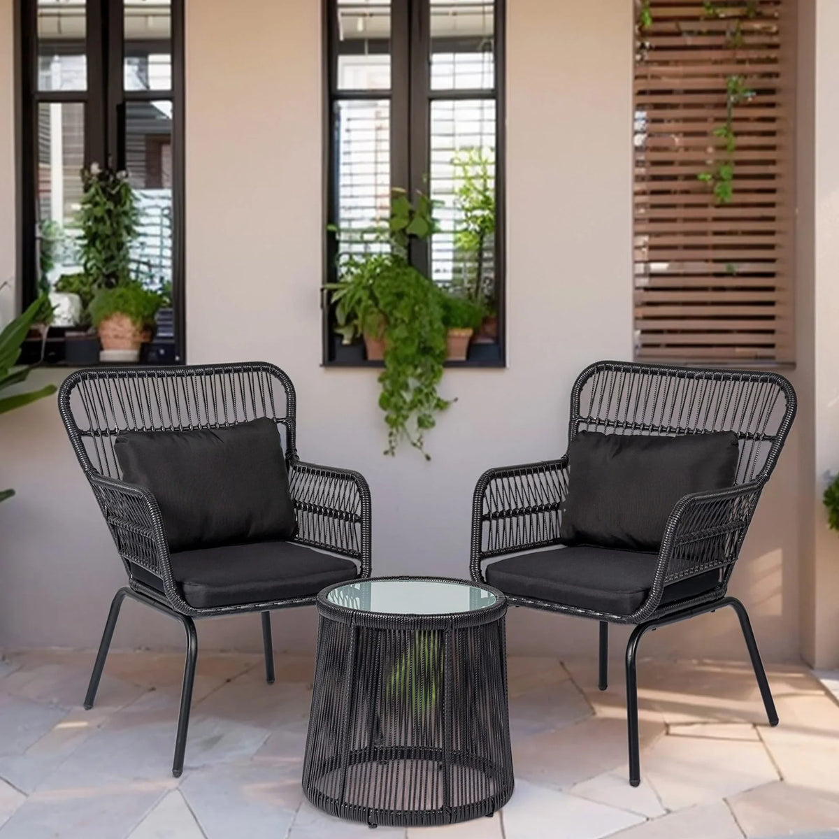 3-teiliges Outdoor-Bistro-Set aus Korbgeflecht, wetterfestes Rattan-Gartenmöbelset mit Stühlen und Sitzkissen