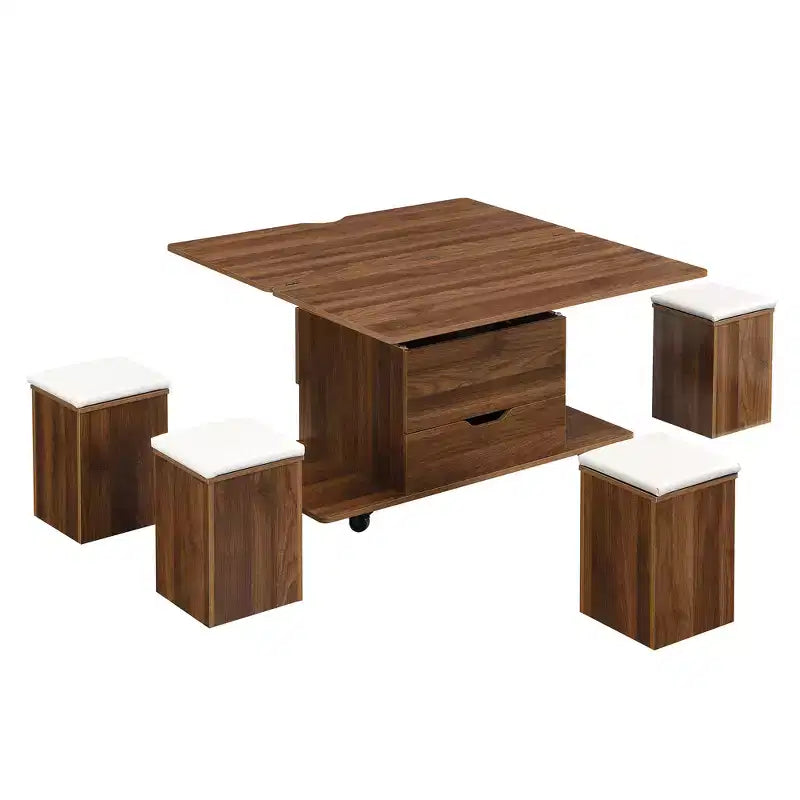 Multifunktionaler moderner Couchtisch mit Liftplatte, verborgenem Stauraum, 4 Hockern und Rollen – perfekt für moderne Wohnbereiche