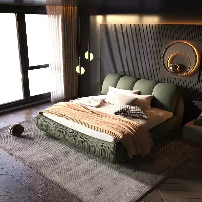 MAYEERTY luxe gestoffeerd platformbed voor queensize matras met extra groot gewatteerd hoofdbord en massief houten frame, groen