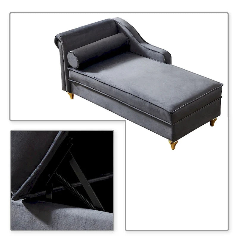 Chaise longue elegante francese rivestita in velluto con contenitore e cuscino