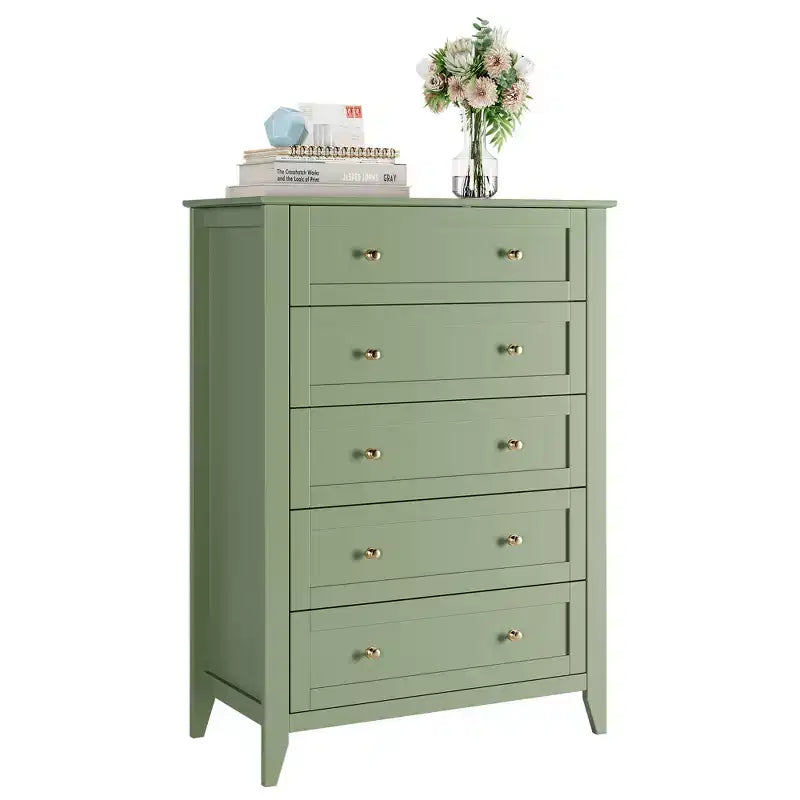 Hoge ladekast van 42,5 inch met 5 laden voor de slaapkamer, houten opbergkast met laden van 11,9 inch diep en gouden metalen knoppen, ideaal voor hal of entree