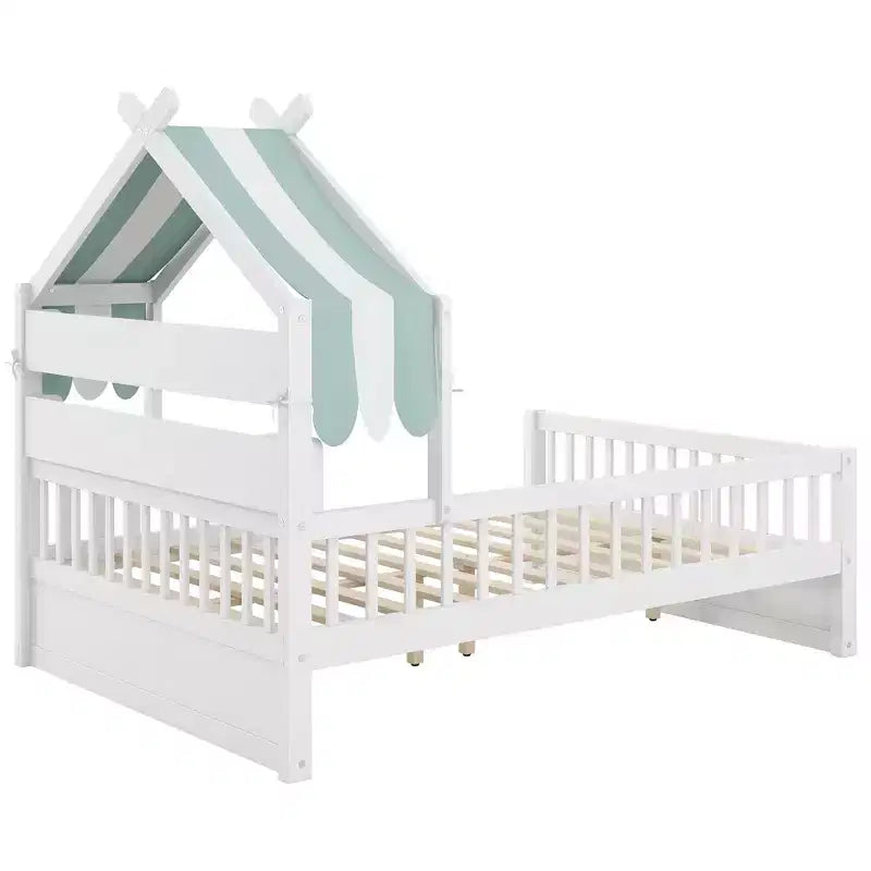 Letto a casetta in legno ModernLuxe per letto singolo/matrimoniale con testiera contenitore, struttura letto per bambini in pino massello con sponde di sicurezza