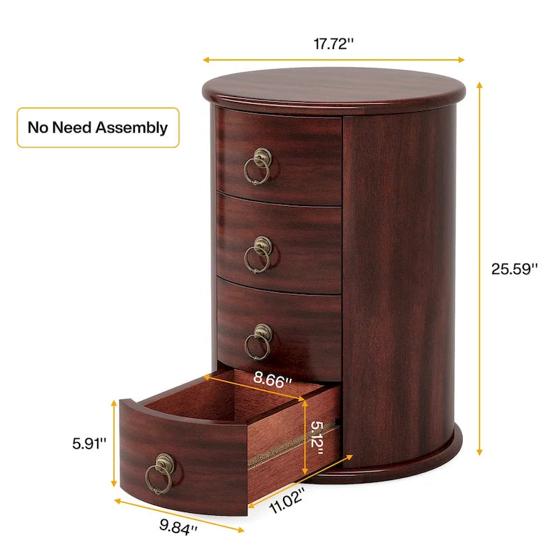 Tavolino laterale in legno massello senza montaggio, con cassetti rotondi in stile vintage