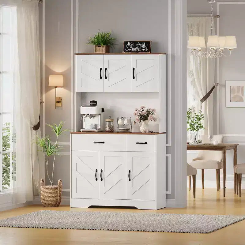 Keukenvoorraadkast van 71 inch met laadstation, groot aanrechtblad, magnetronstandaard en 2 laden, vitrinekastopbergruimte voor eetkamer en woonkamer
