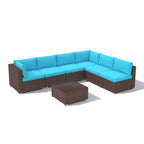 7-delige outdoor loungeset van vlechtwerk en staal met kussens