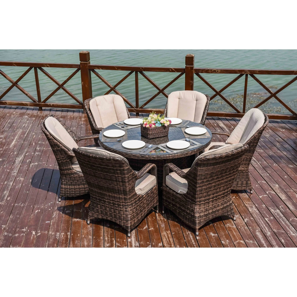 7-delige ronde eetset van rotan voor buiten op het terras, met kussens, van Moda Furnishings