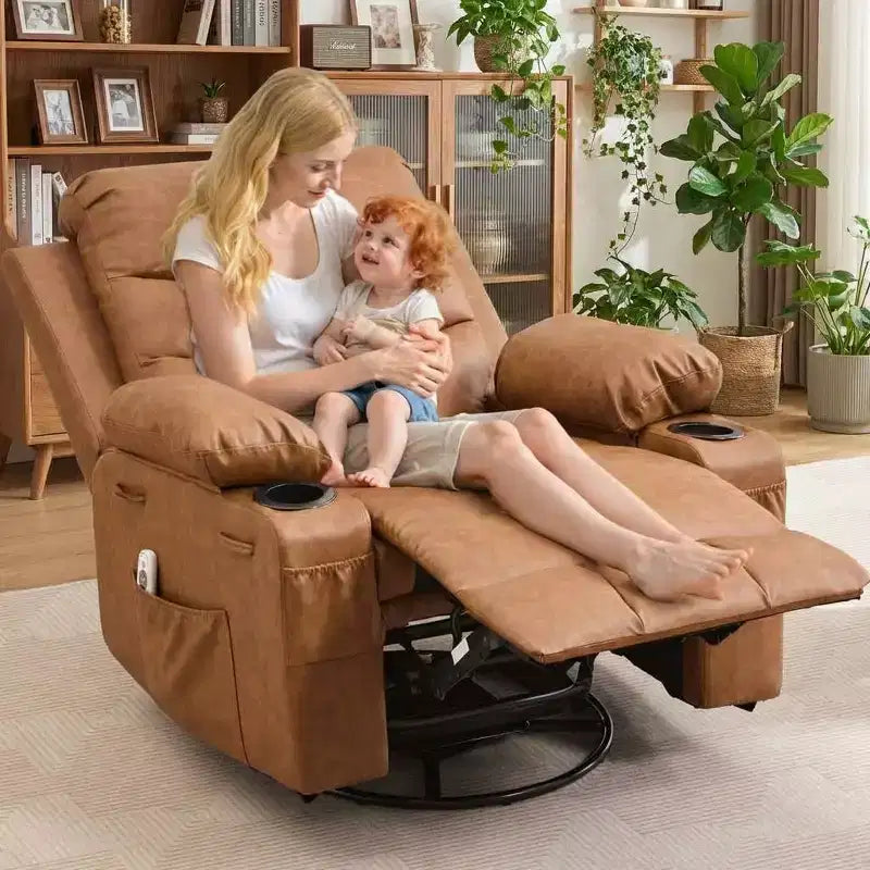 Poltrona reclinabile a dondolo girevole a 360° oversize con massaggio e calore - sedia lounge ergonomica con portabicchieri e tasche laterali per soggiorno e cameretta