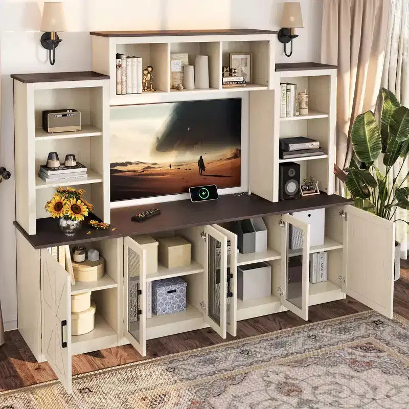Moderne tv-kast voor een 55-inch tv met oplaadstation, mediaconsole met grote opbergkasten, entertainmentcentrum voor de woonkamer-Panipeachy