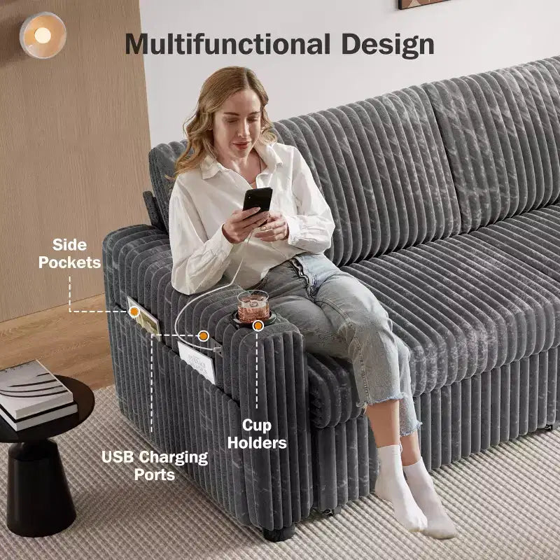 Dyonery 91 Eckschlafsofa mit ausziehbarem Bett, verstellbarer Rückenlehne, zwei ausziehbaren Betten, USB-Anschlüssen und Getränkehaltern, weicher Cordbezug